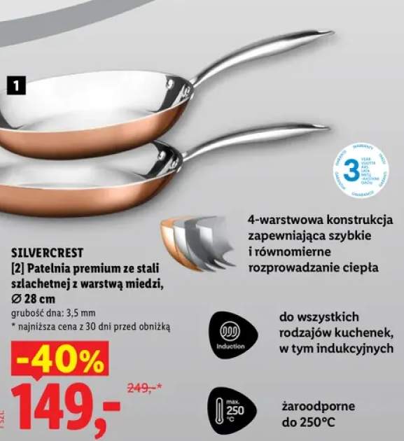 Patelnia premium ze stali szlachetnej z warstwą miedzi 28 cm Silvercrest