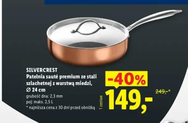 Patelnia sauté premium ze stali szlachetnej z warstwą miedzi 24 cm Silvercrest