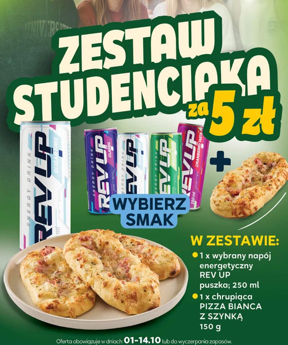 Zestaw Studenciaka napój energetyczny Rev Up + pizza Bianca z szynką