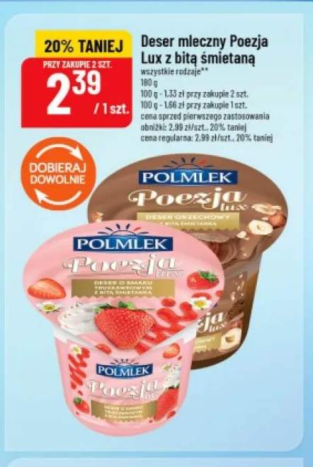 Deser mleczny Poezja Lux z bitą śmietaną truskawkowy Polmlek +1 wariant