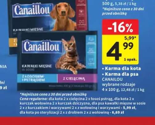 Karma dla kota Canaillou 2 x cielęcina 2 x łosoś pstrąg 4-pak +3 warianty