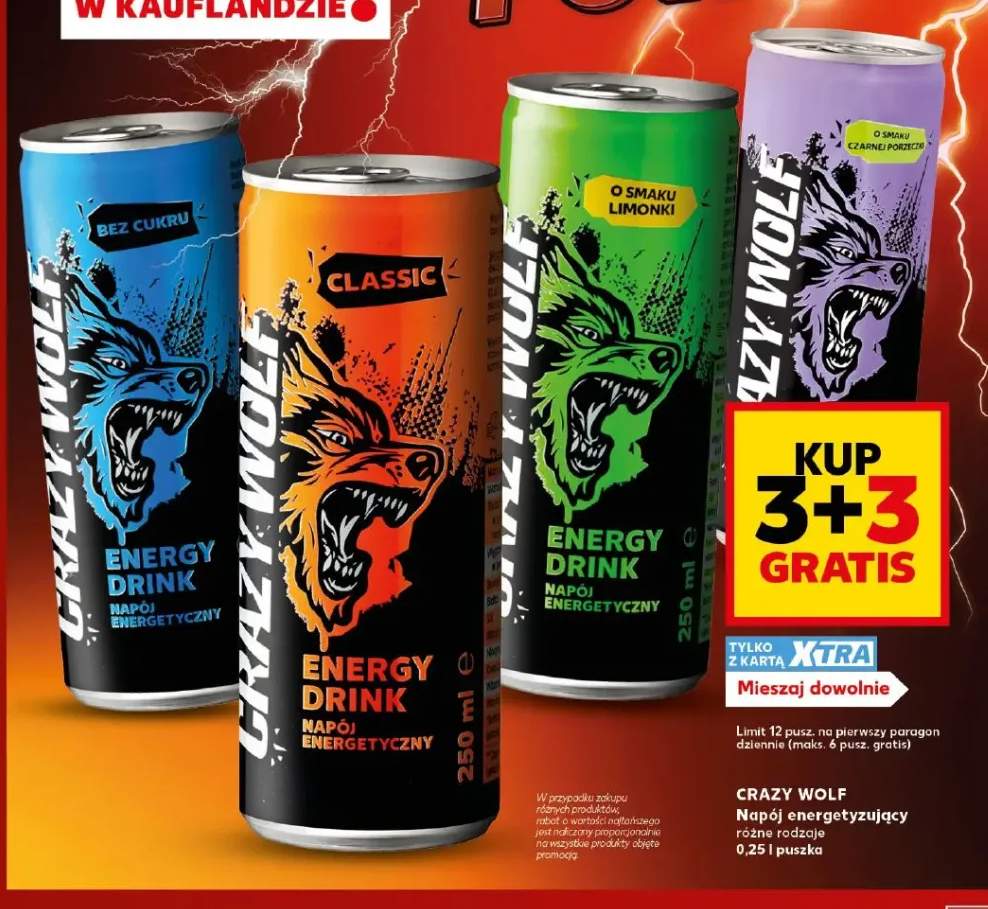 Napój energetyzujący Crazy Wolf bez cukru +3 warianty