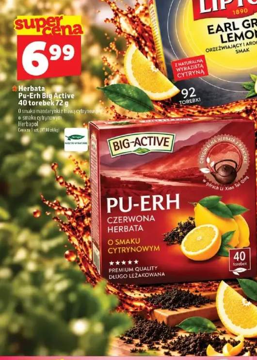Herbata Pu-Erh Big Active o smaku mandarynki z trawą cytrynową +1 wariant