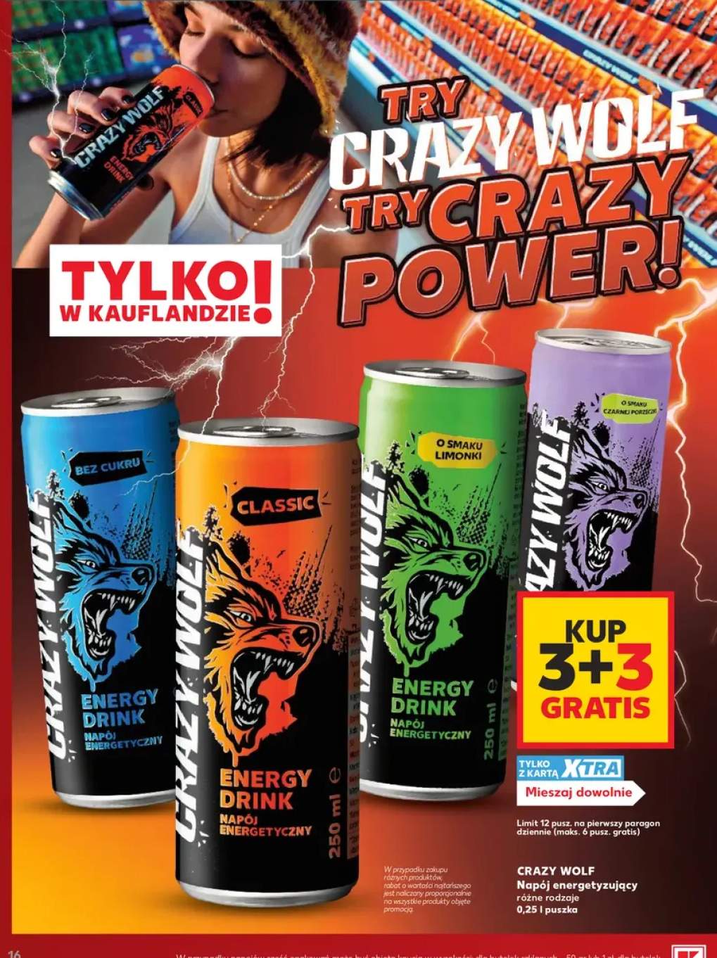 Napój energetyzujący Crazy Wolf bez cukru +3 warianty