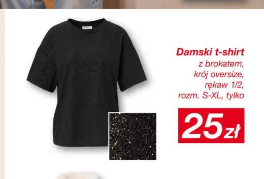 Damski t-shirt z brokatem krój oversize rękaw 1/2