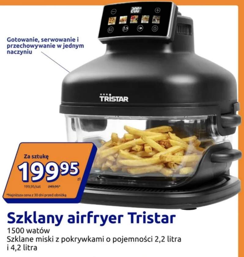 Szklany airfryer Tristar szklane miski z pokrywkami o pojemności 2,2 litra i 4,2