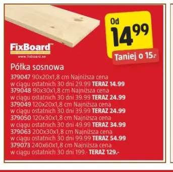 Półka sosnowa FixBoard 200x30x1,8 cm +5 wariantów