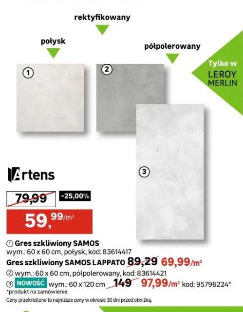 Gres szkliwiony Samos 60x60 cm Artens +2 warianty