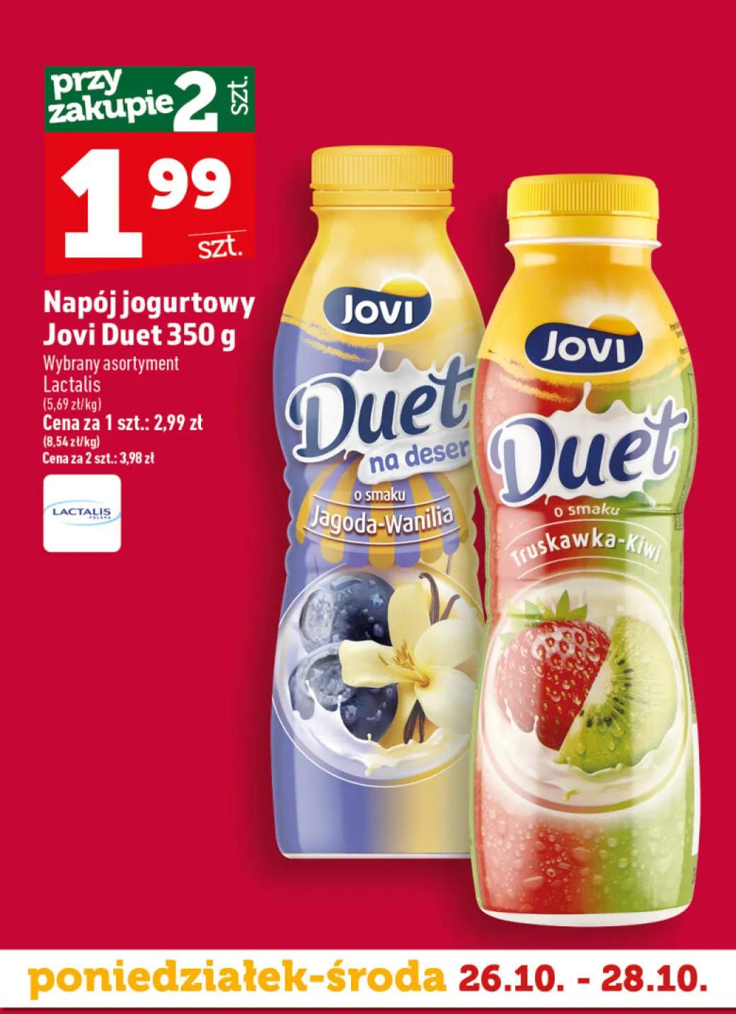 Napój jogurtowy Jovi Duet na deser jagoda-wanilia +1 wariant