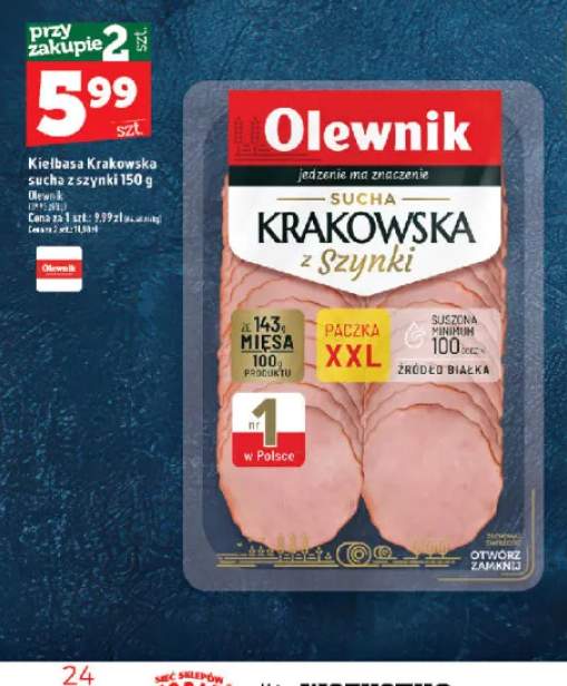 Kiełbasa krakowska sucha z szynki 150 g Olewnik